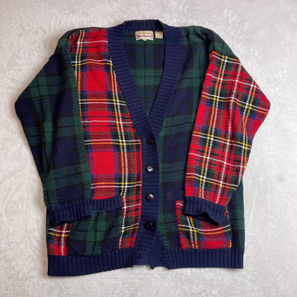 Bechamel Women's Multi Plaid Patchwork Cardigan Sweater Size M 90s Cotton